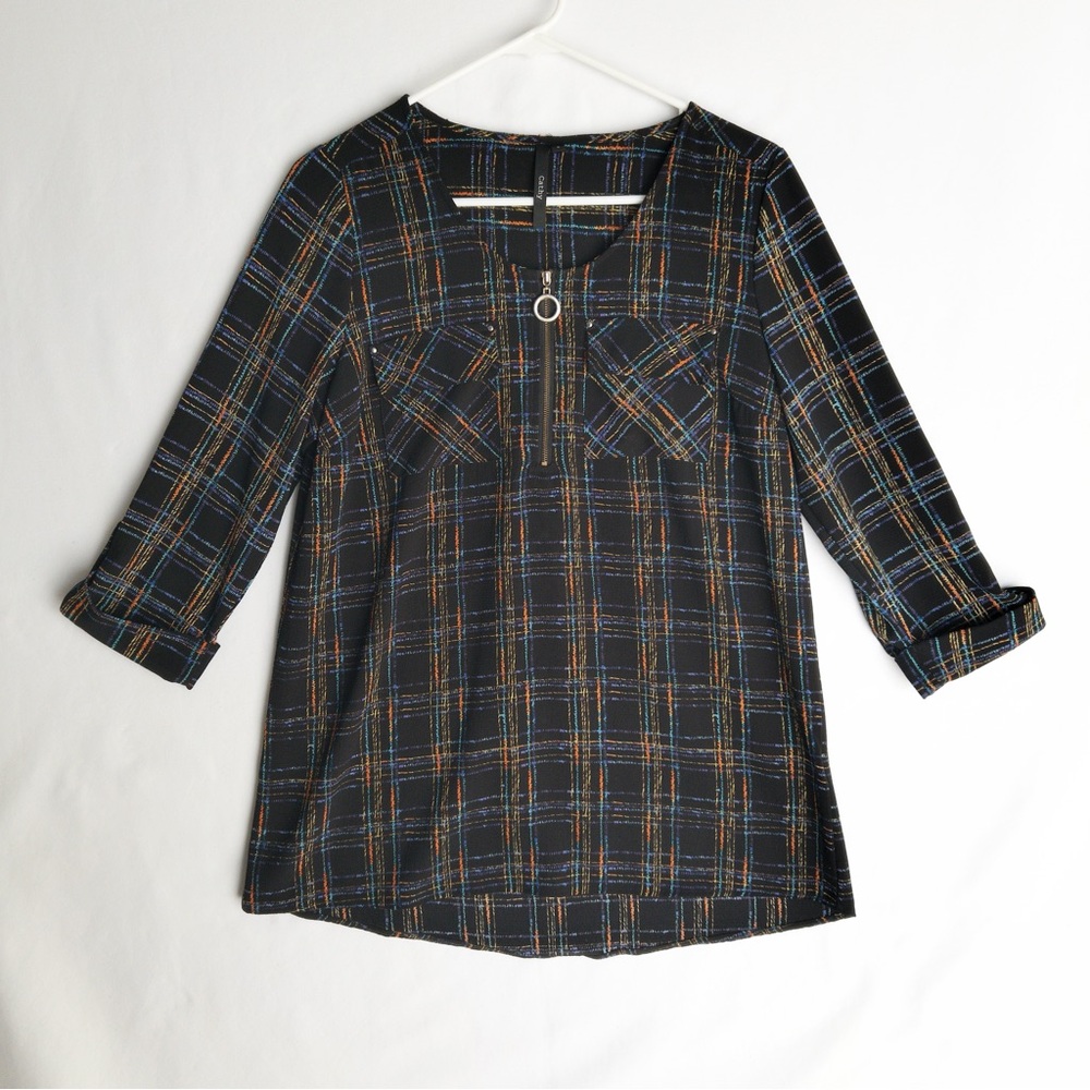 Quarter Zip Black Rainbow Plaid Roll Tab Gauzy Pockets Top Womens S M by Cathy
